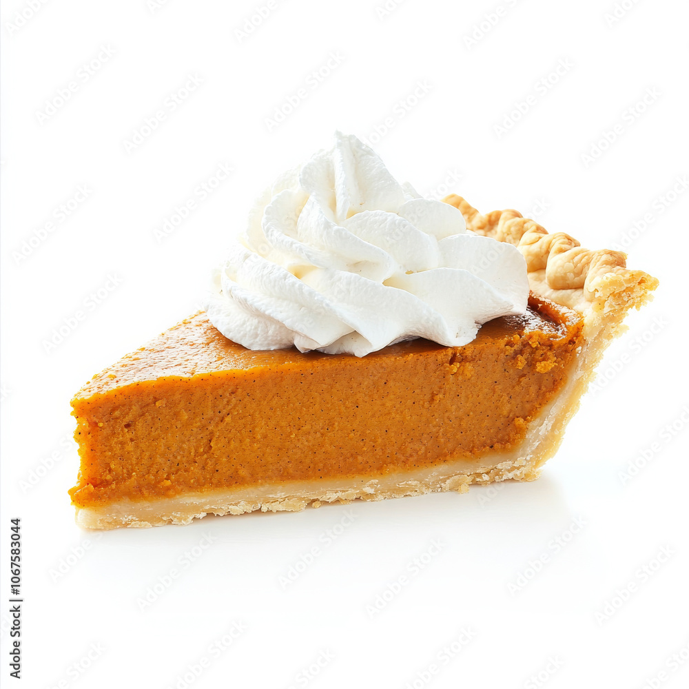 A slice of fresh pumpkin pie with whipped cream, isolated on a white background, emphasizing a holiday dessert A slice of fresh pumpkin pie with whipped cream, isolated on a white background, emphasizing a holiday dessert