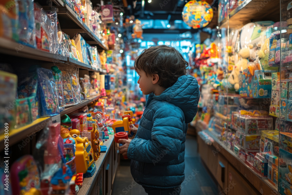 Little boy choosing toys in supermarket toys section Little boy choosing toys in supermarket toys section
