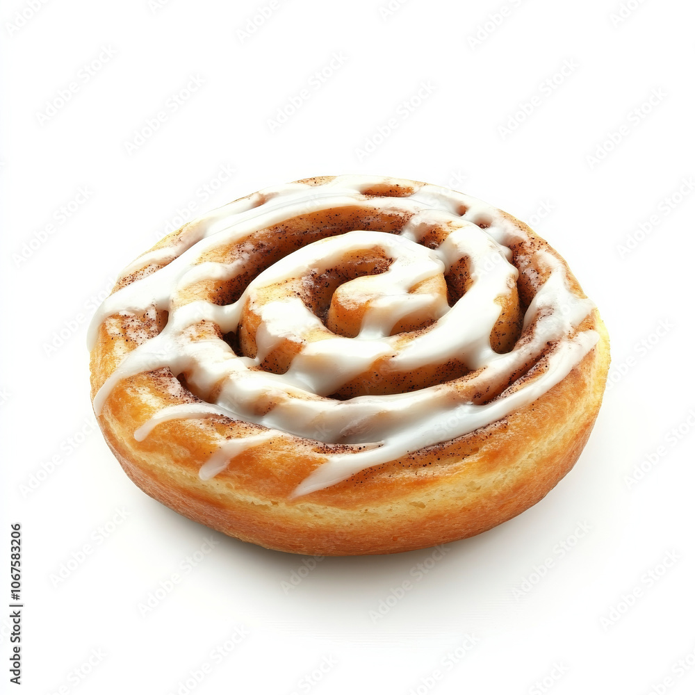 Fototapeta premium A single cinnamon roll with icing, isolated on a white background, showcasing a warm and sweet pastry