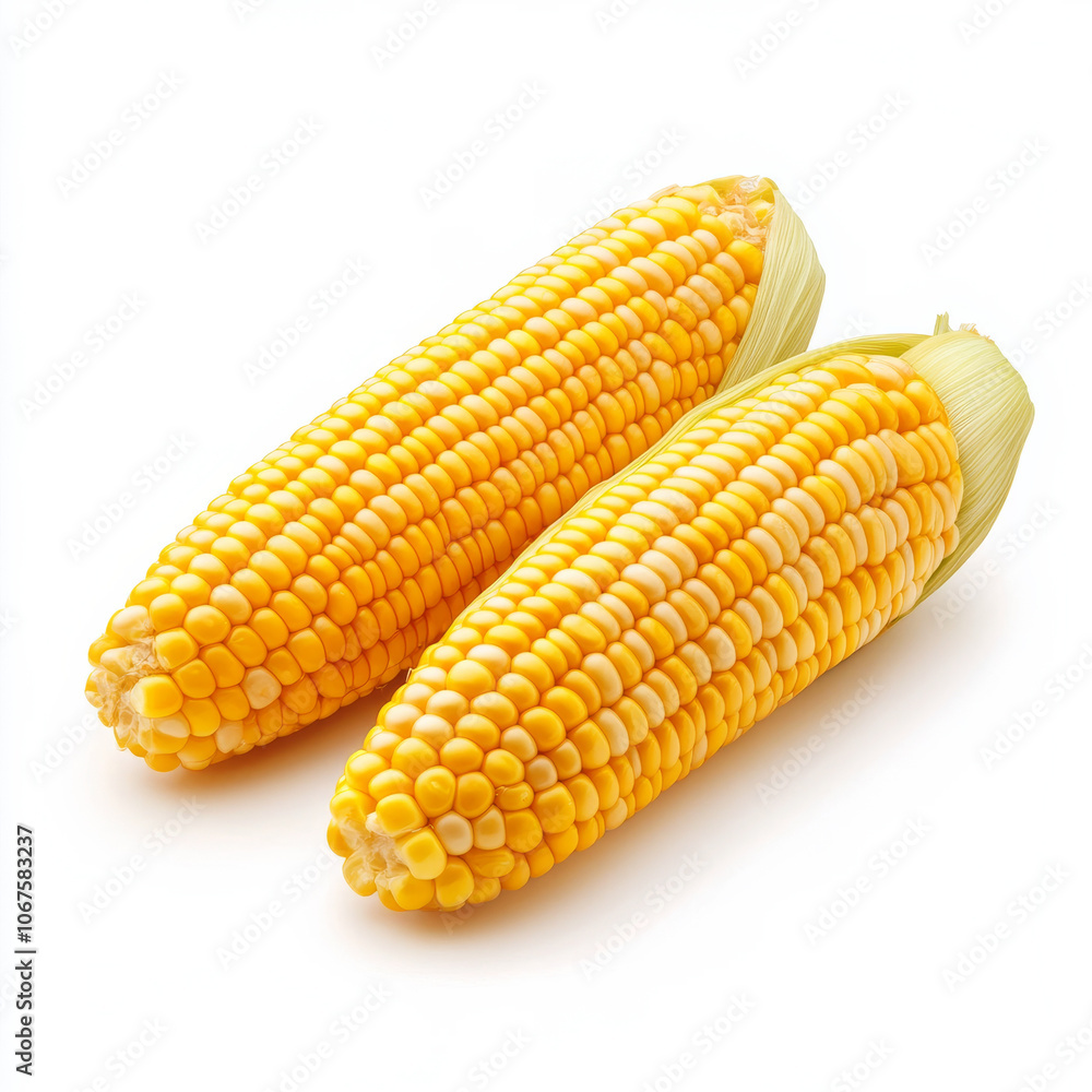 A fresh cob of corn with bright yellow kernels, isolated on a white background, highlighting a versatile vegetable