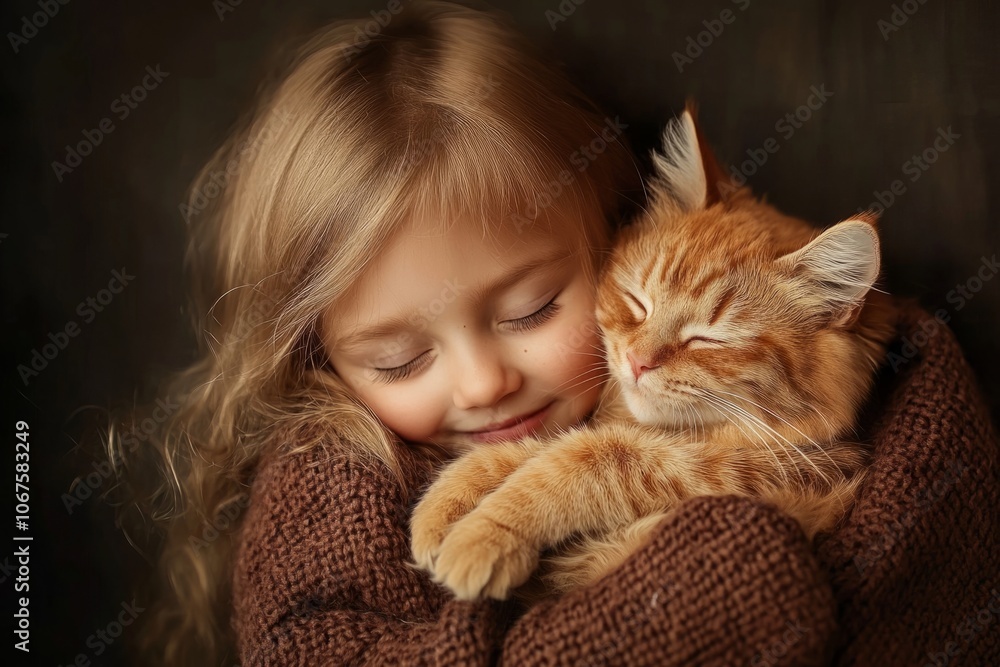 Little girl hugging sleeping ginger kitten with closed eyes