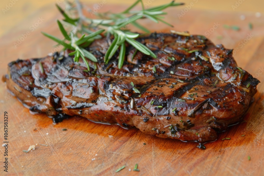 Perfectly grilled steak with rosemary garnish on a rustic wooden board for gourmet dining Perfectly grilled steak with rosemary garnish on a rustic wooden board for gourmet dining