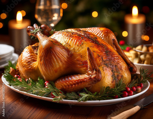 Golden brown turkey garnished with herbs on the table photo