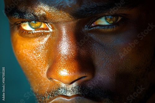 Intense close-up of a person with captivating eyes in dramatic light photo