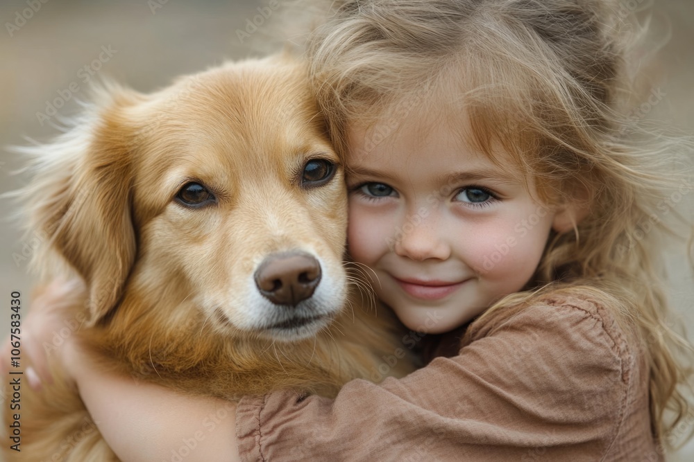 Little girl hugging her best friend golden dog with love and care Little girl hugging her best friend golden dog with love and care
