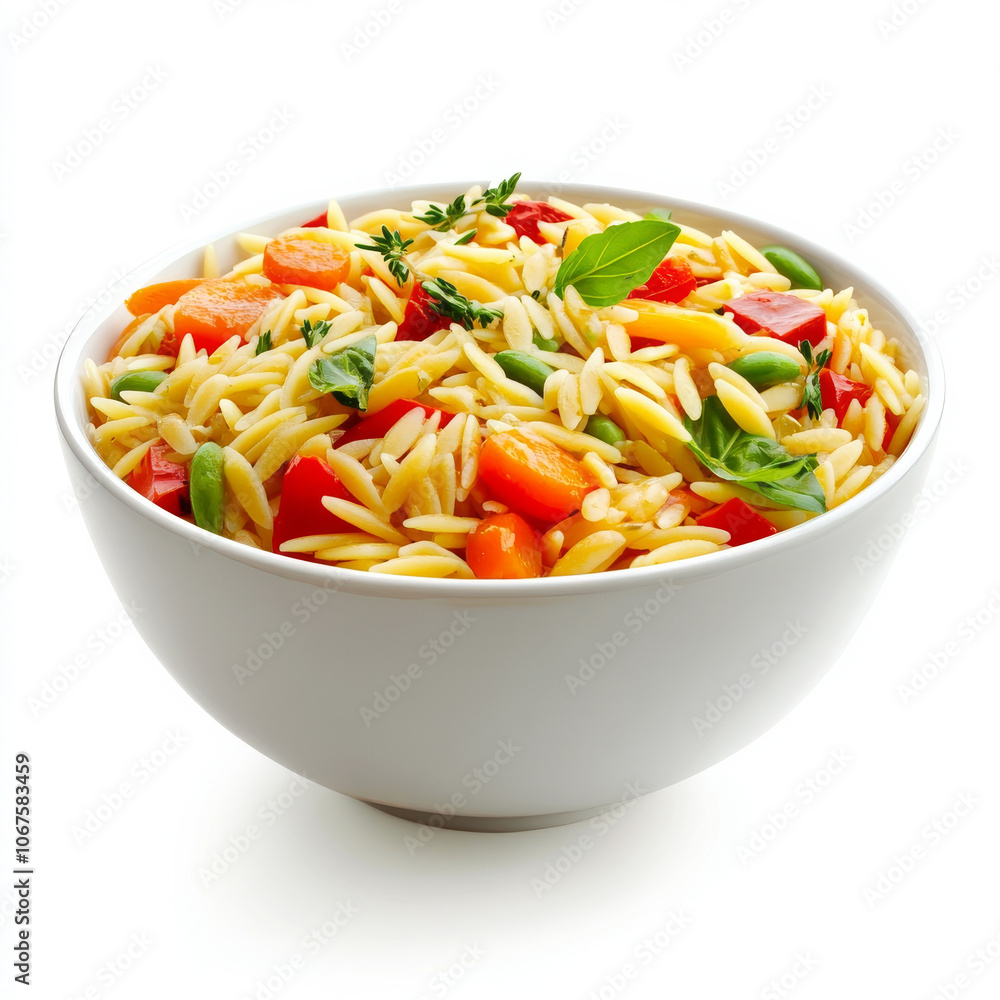 A bowl of orzo pasta with vegetables, isolated on a white background, showcasing a Mediterranean side A bowl of orzo pasta with vegetables, isolated on a white background, showcasing a Mediterranean side