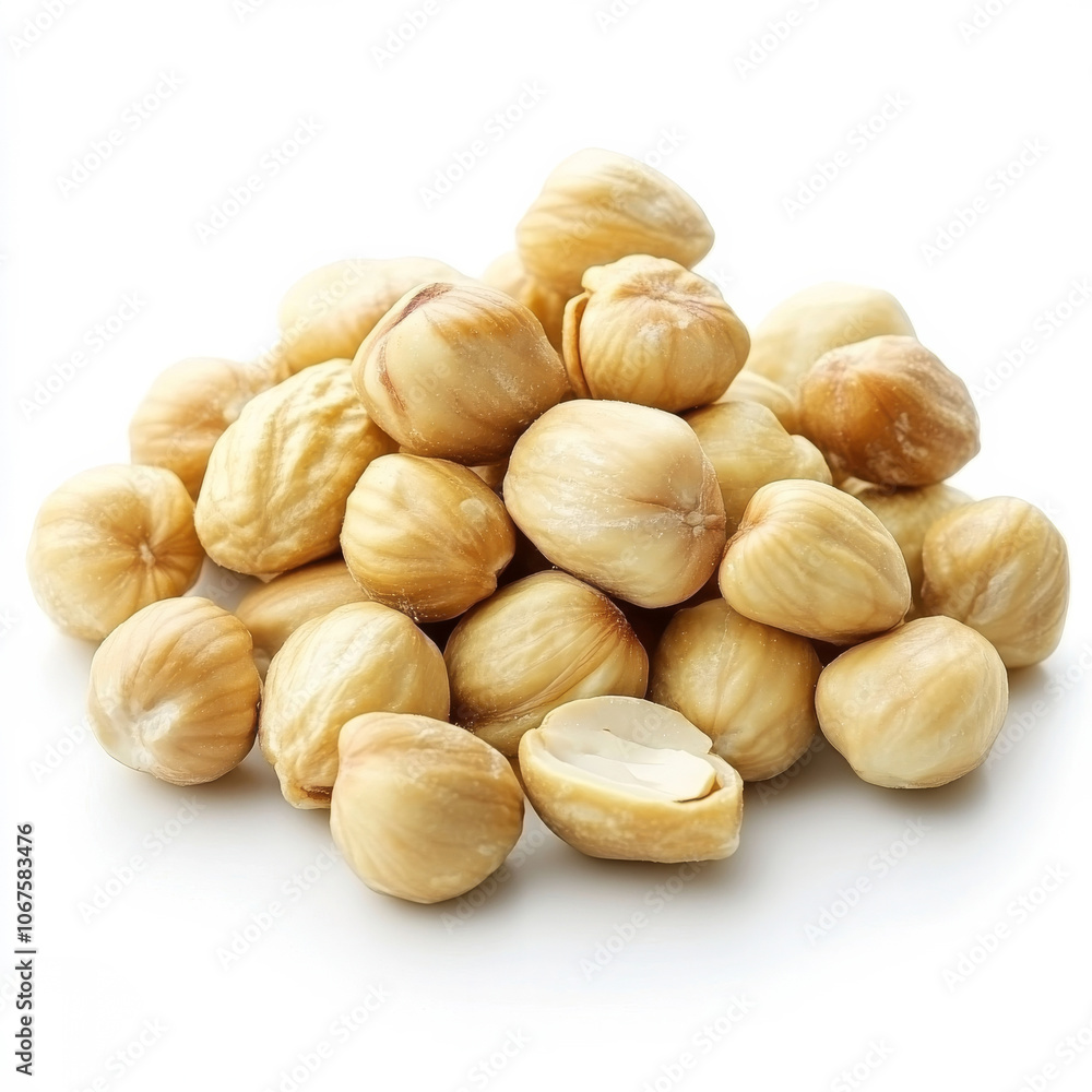 A handful of raw hazelnuts, isolated on a white background, highlighting a healthy snack A handful of raw hazelnuts, isolated on a white background, highlighting a healthy snack