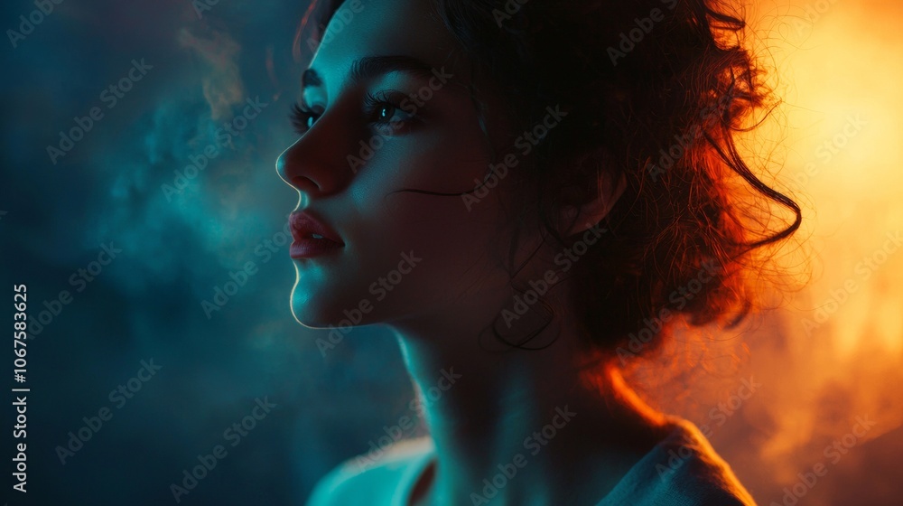 Moody portrait of a woman with orange and blue lighting Moody portrait of a woman with orange and blue lighting