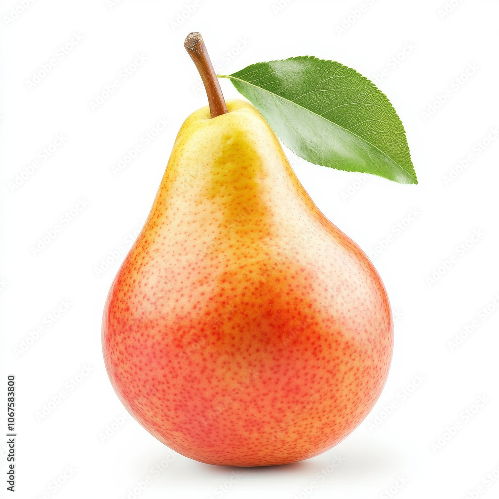 A single pear with a green stem, isolated on a white background, highlighting a juicy fruit A single pear with a green stem, isolated on a white background, highlighting a juicy fruit