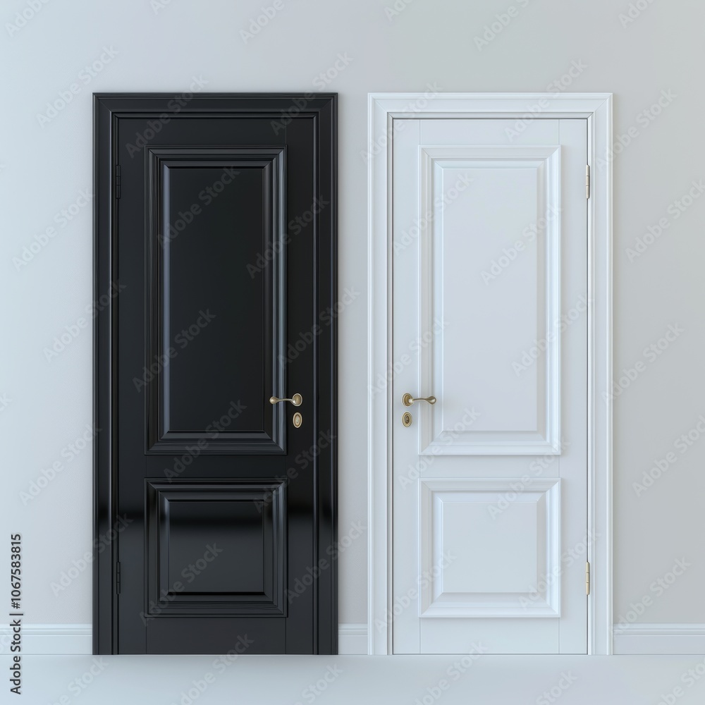 3d rendering of two contrast doors in white and black colors on background of opposite shade. --v 6 Job ID: 9ac878cc-202a-491d-b488-aac9ee390050 3d rendering of two contrast doors in white and black colors on background of opposite shade. --v 6 Job ID: 9ac878cc-202a-491d-b488-aac9ee390050