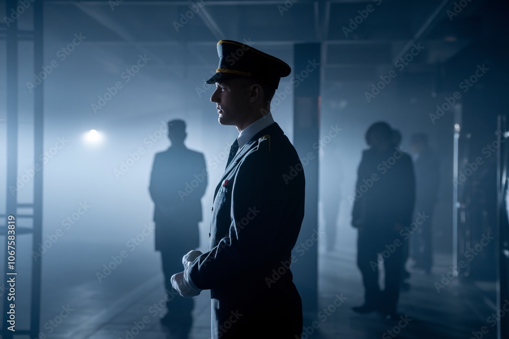 Fototapeta premium The Weight of Duty: A lone military officer stands tall, his silhouette bathed in the soft glow of a distant light, his face etched with a stoic determination in a smoky, haunting atmosphere.