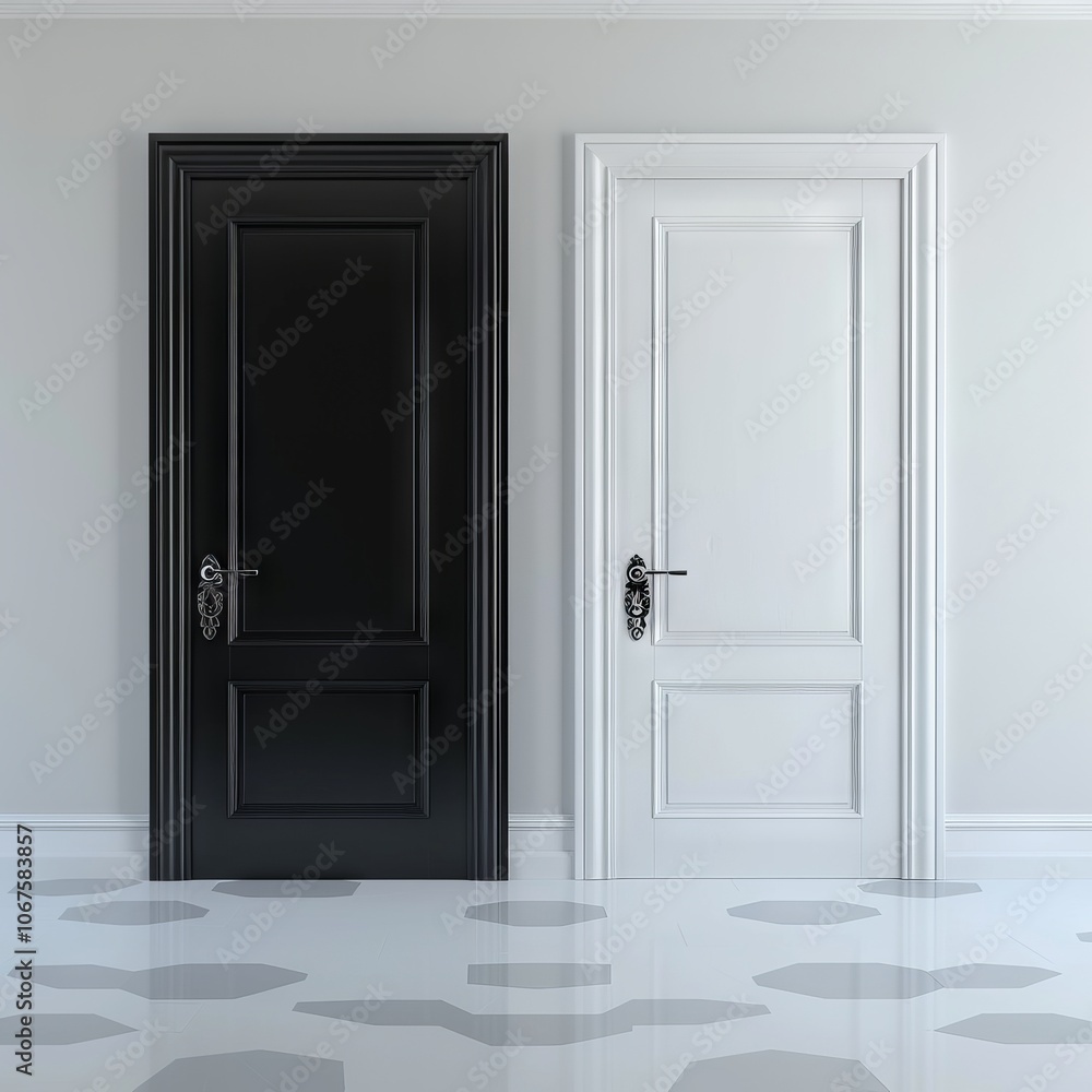 3d rendering of two contrast doors in white and black colors on background of opposite shade. --v 6 Job ID: 9ac878cc-202a-491d-b488-aac9ee390050 3d rendering of two contrast doors in white and black colors on background of opposite shade. --v 6 Job ID: 9ac878cc-202a-491d-b488-aac9ee390050