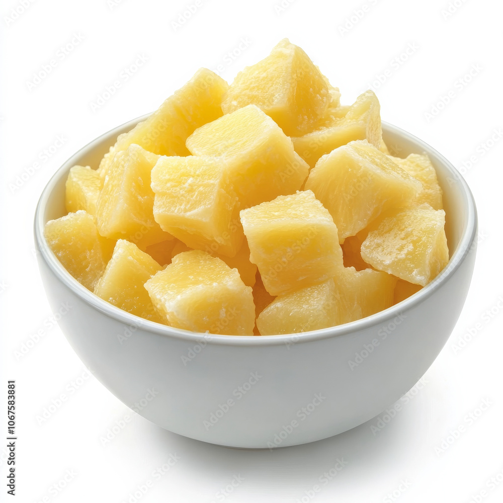 A bowl of pineapple chunks, isolated on a white background, showcasing a juicy tropical fruit A bowl of pineapple chunks, isolated on a white background, showcasing a juicy tropical fruit