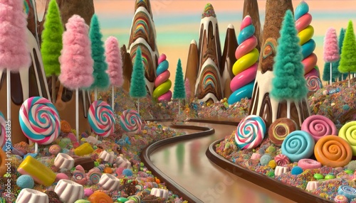 Whimsical candyland scene with a winding chocolate river and colorful sweets photo