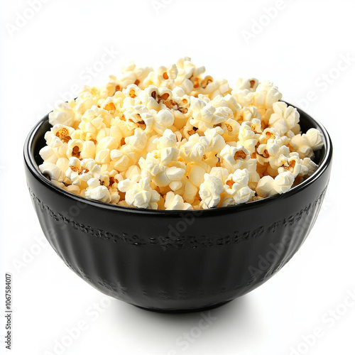 A bowl of freshly popped popcorn with butter, isolated on a white background, highlighting a light snack photo