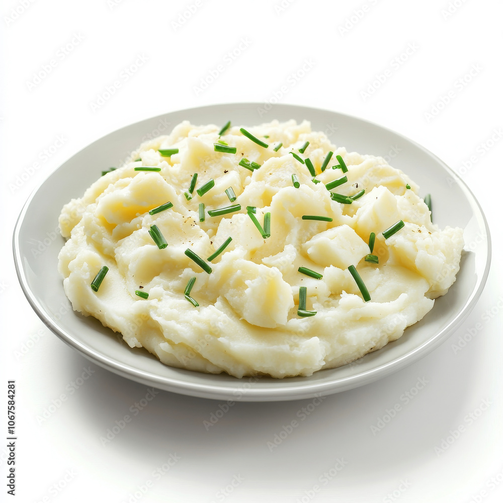 A plate of creamy mashed potatoes with chives, isolated on a white background, showcasing a comforting side dish A plate of creamy mashed potatoes with chives, isolated on a white background, showcasing a comforting side dish