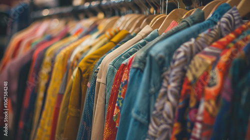 A colorful display of clothing hangs on wooden hangers in a retail store, showcasing various vibrant patterns and fabrics that attract shoppers during the day