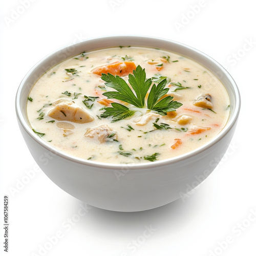 Wallpaper Mural A bowl of clam chowder with herbs, isolated on a white background, showcasing a rich seafood soup Torontodigital.ca