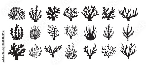 Coral silhouettes, seaweed black icon. Abstract organic corals shape, underwater plant, sea doodle. Cartoon marine floral isolated set 