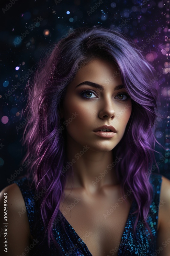 a beautiful woman with purple hair with a gradient background with a bokeh nuance a beautiful woman with purple hair with a gradient background with a bokeh nuance