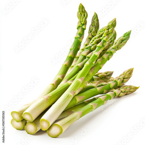 A bunch of fresh asparagus spears, isolated on a white background, showcasing a crisp green vegetable