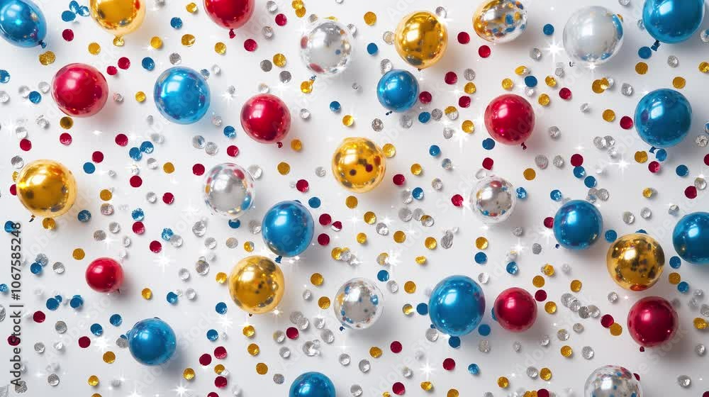 Small Balloons Amidst Sparkling Sequins, Festive Celebration Concept Small Balloons Amidst Sparkling Sequins, Festive Celebration Concept