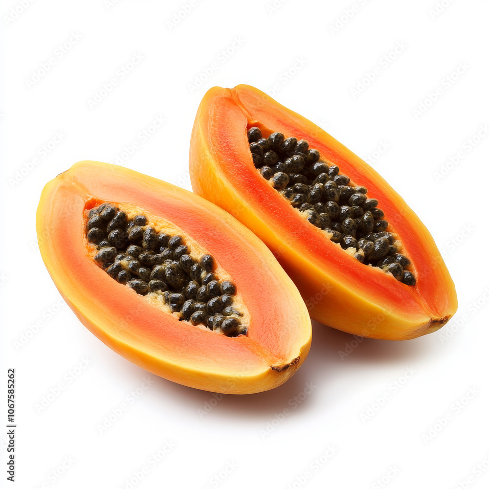 A fresh papaya cut in half with seeds visible, isolated on a white background, highlighting a tropical fruit A fresh papaya cut in half with seeds visible, isolated on a white background, highlighting a tropical fruit