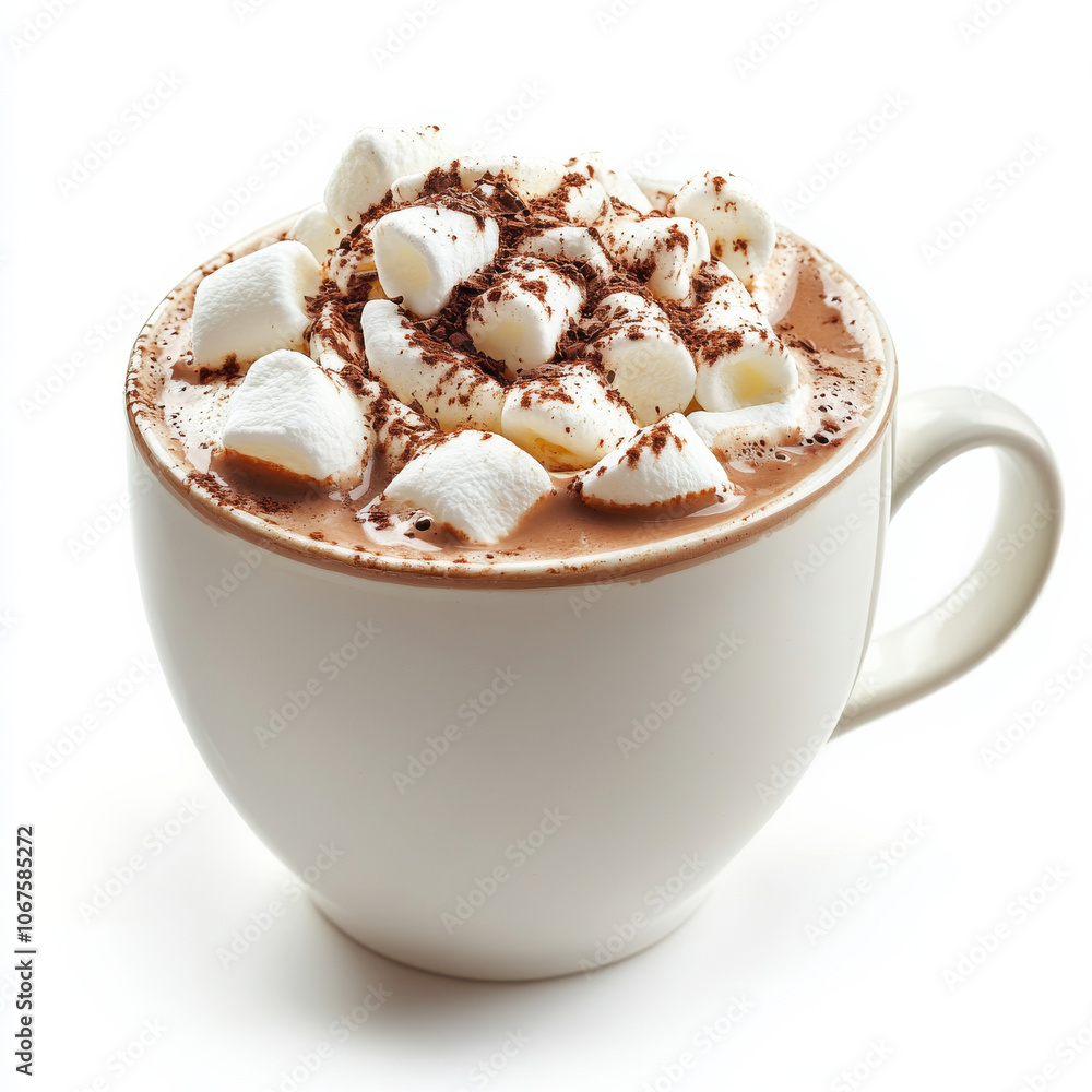 A cup of hot chocolate with marshmallows on top, isolated on a white background, showcasing a winter beverage A cup of hot chocolate with marshmallows on top, isolated on a white background, showcasing a winter beverage