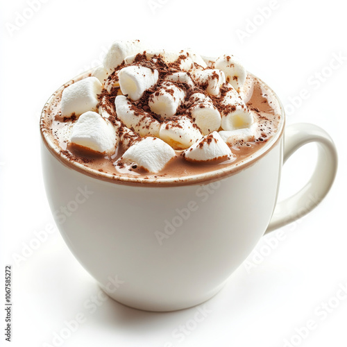 A cup of hot chocolate with marshmallows on top, isolated on a white background, showcasing a winter beverage