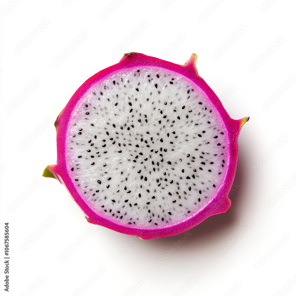 A fresh dragon fruit cut in half, isolated on a white background, highlighting the vibrant pink skin and white flesh with black seeds A fresh dragon fruit cut in half, isolated on a white background, highlighting the vibrant pink skin and white flesh with black seeds