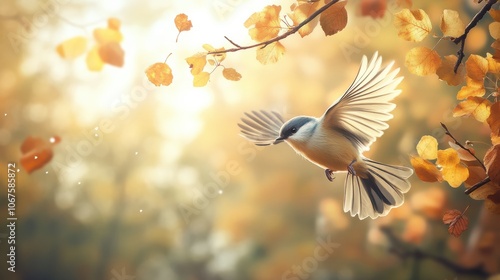 beautiful little bird tit flies in the autumn clear Park by the branch of an oak with Golden foliage on a Sunny day photo