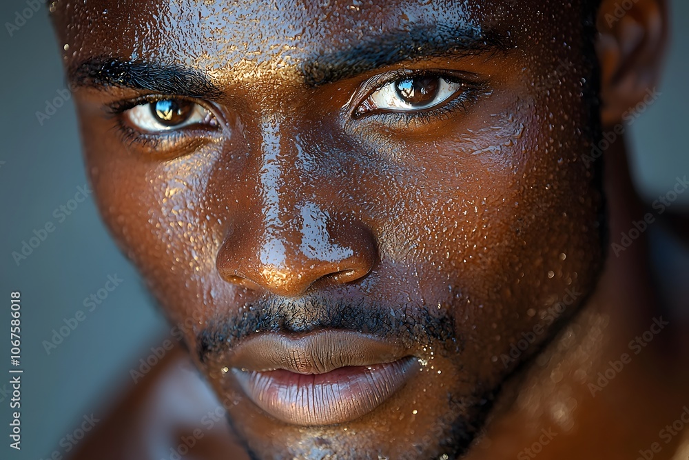 Close-up portrait of intense male gaze with dewy skin and captivating eyes Close-up portrait of intense male gaze with dewy skin and captivating eyes