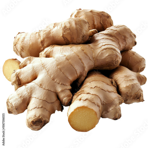 Fresh ginger root displayed on a white background photo