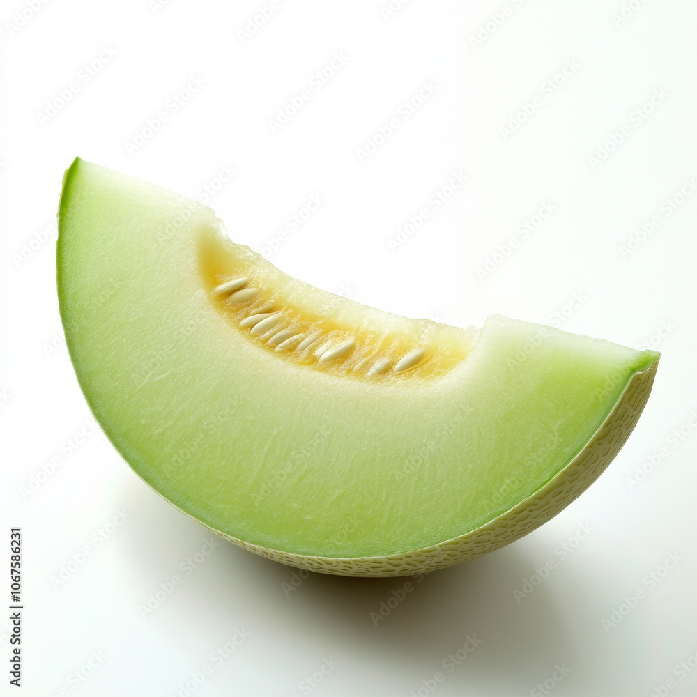 A slice of honeydew melon with seeds visible, isolated on a white background, highlighting a refreshing fruit A slice of honeydew melon with seeds visible, isolated on a white background, highlighting a refreshing fruit