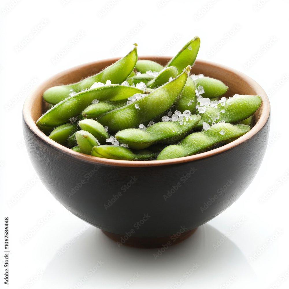 A bowl of steamed edamame with salt, isolated on a white background, emphasizing a healthy snack A bowl of steamed edamame with salt, isolated on a white background, emphasizing a healthy snack