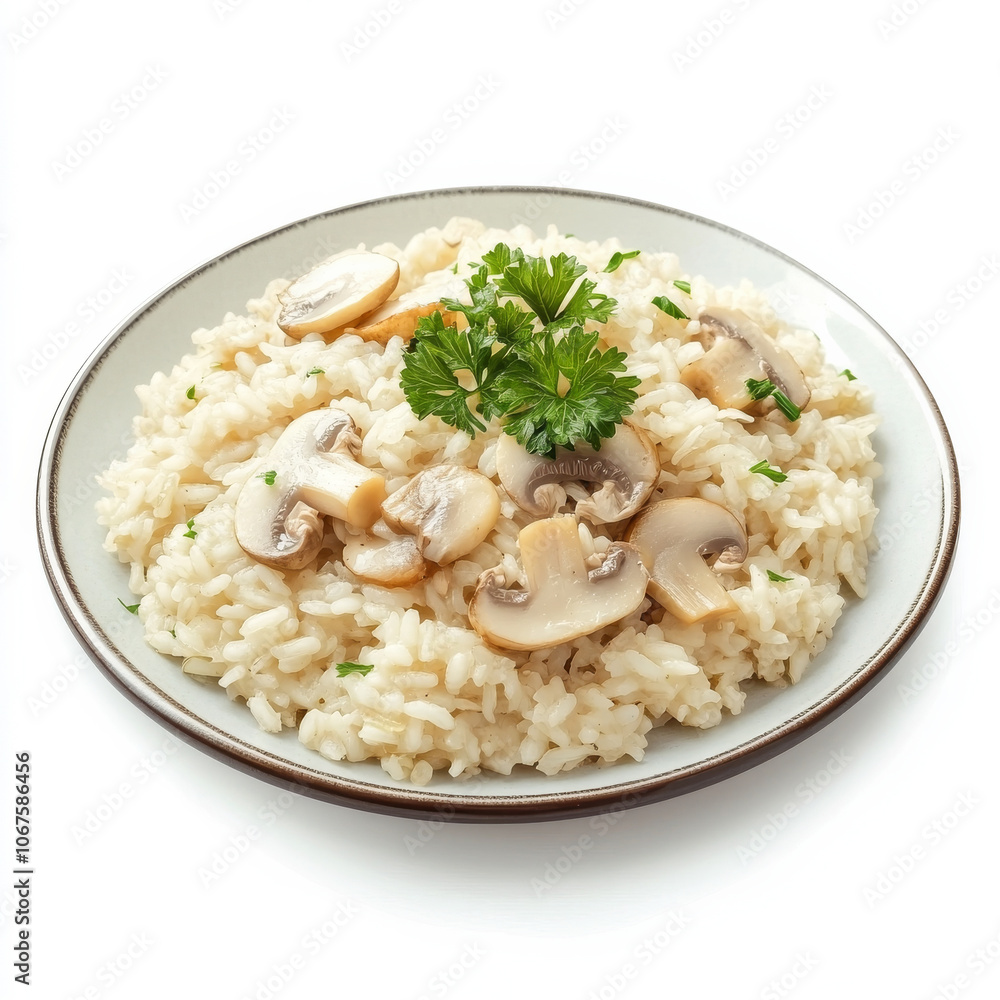 A plate of mushroom risotto with parsley, isolated on a white background, emphasizing a creamy dish A plate of mushroom risotto with parsley, isolated on a white background, emphasizing a creamy dish