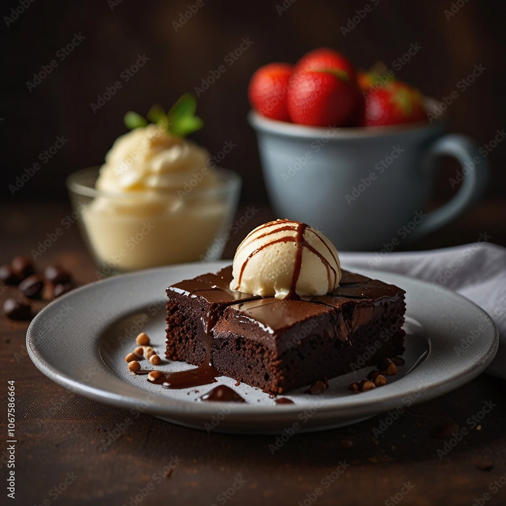 Dessert brownies and coffee with vanilla ice cream on top Dessert brownies and coffee with vanilla ice cream on top