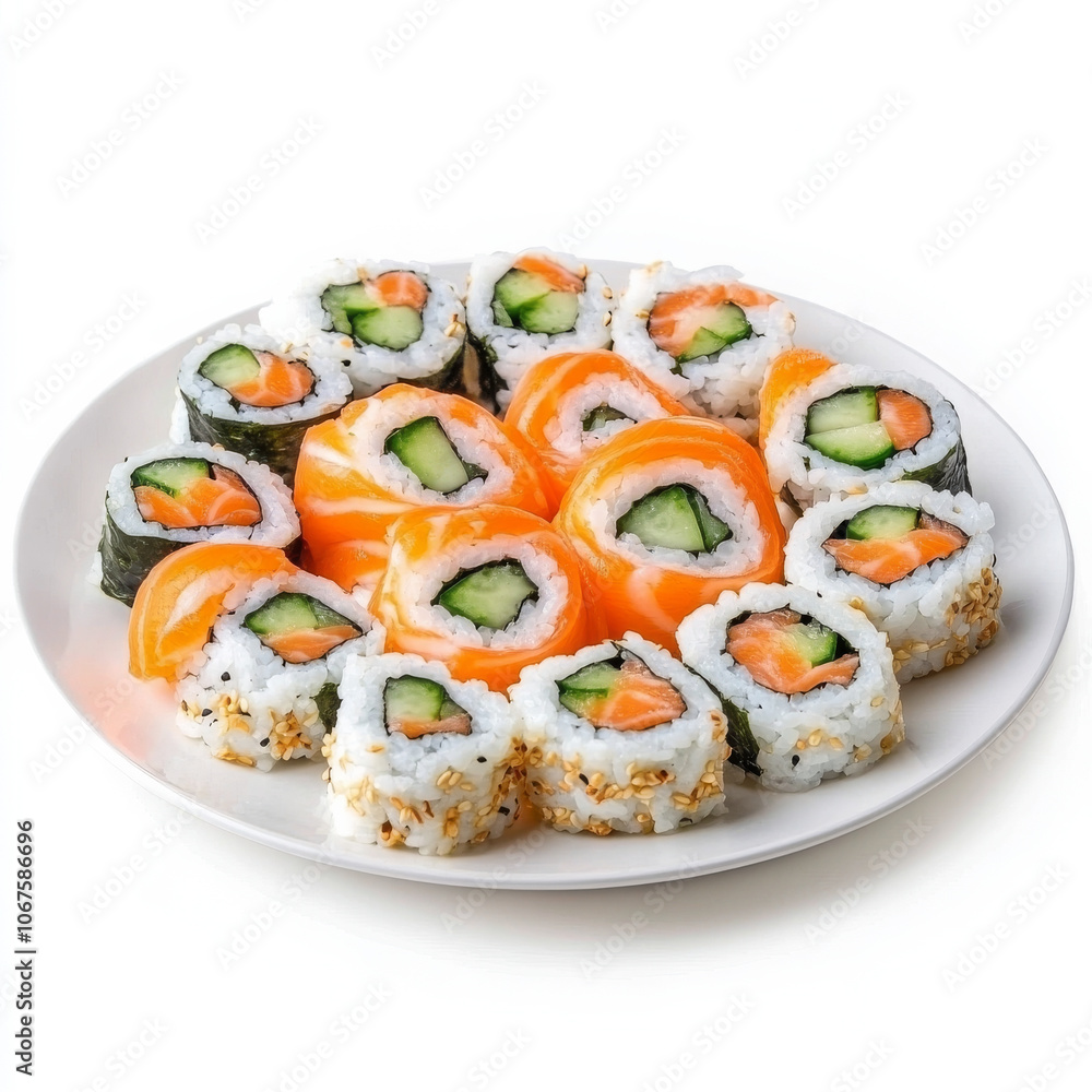 A plate of fresh sushi rolls with cucumber and salmon, isolated on a white background, emphasizing a colorful dish A plate of fresh sushi rolls with cucumber and salmon, isolated on a white background, emphasizing a colorful dish