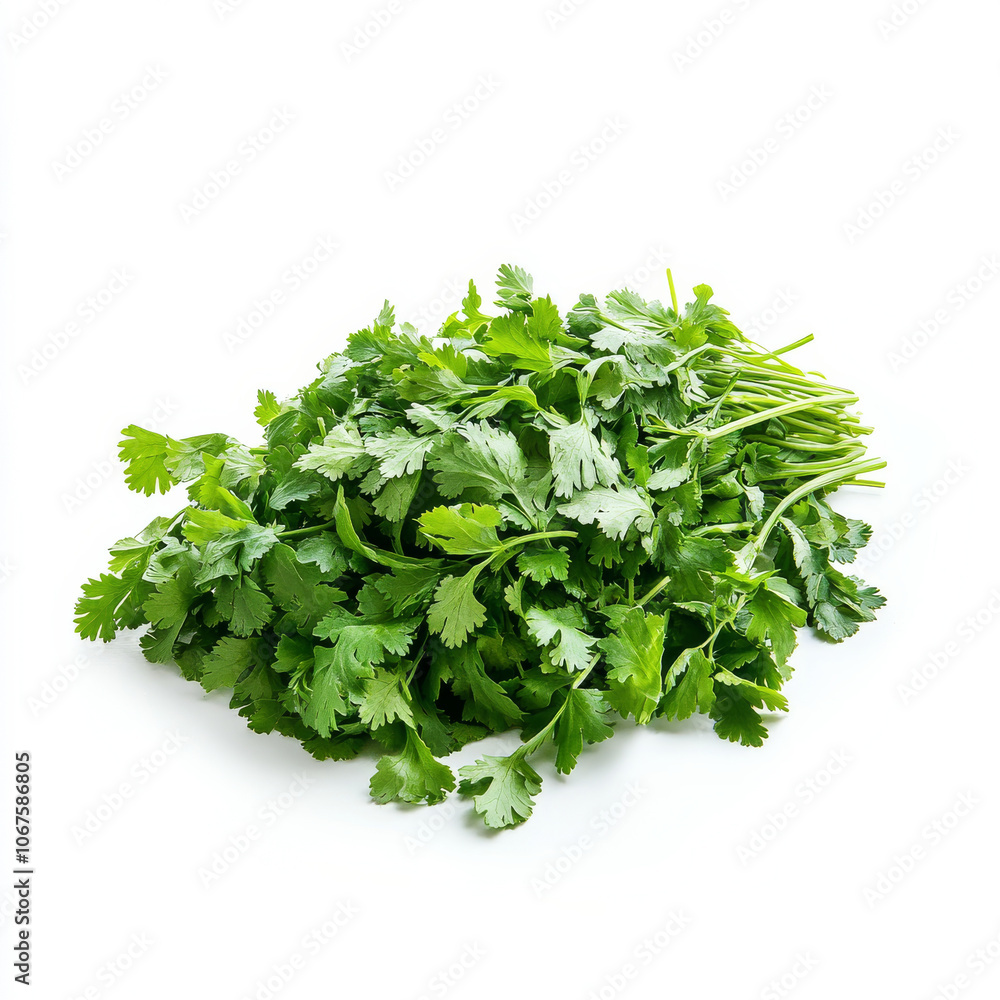 Obraz premium A handful of fresh cilantro leaves, isolated on a white background, emphasizing a flavorful herb