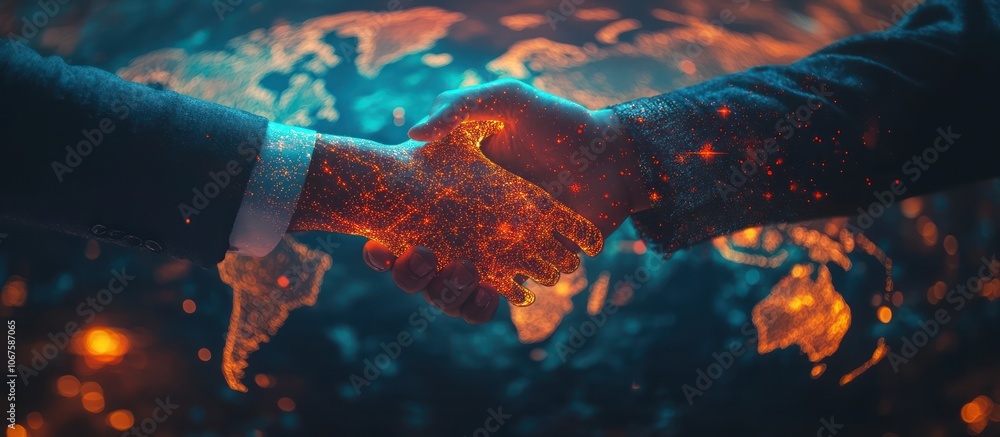 Obraz premium Two hands shaking in front of an earth background with fire effect.