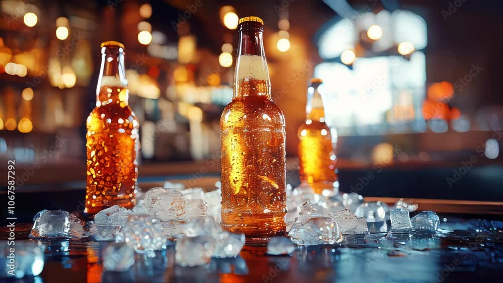 A beer bottle with condensation stands on a wooden counter in a cozy, dimly lit bar A beer bottle with condensation stands on a wooden counter in a cozy, dimly lit bar