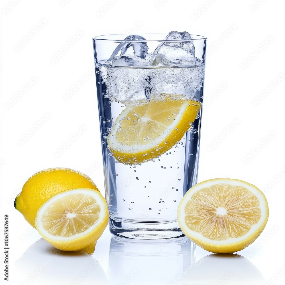 A glass of sparkling lemon water with ice, isolated on a white background, highlighting a refreshing beverage A glass of sparkling lemon water with ice, isolated on a white background, highlighting a refreshing beverage