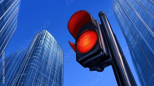 A vibrant red traffic light signals caution in front of towering glass skyscrapers under a bright blue sky photo