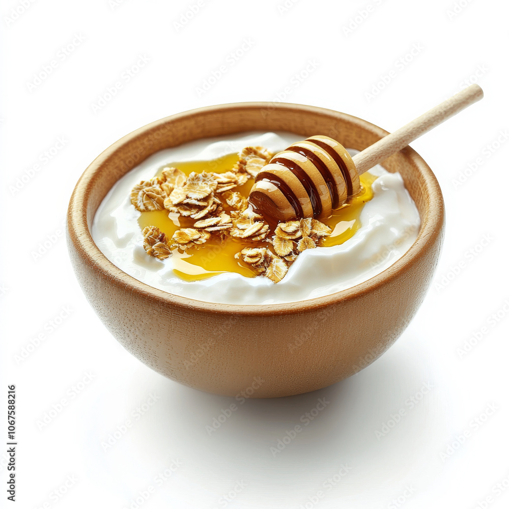 A bowl of Greek yogurt with honey, isolated on a white background, highlighting a healthy snack A bowl of Greek yogurt with honey, isolated on a white background, highlighting a healthy snack