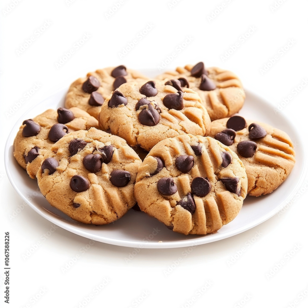 A plate of peanut butter cookies with chocolate chips, isolated on a white background, highlighting a sweet snack A plate of peanut butter cookies with chocolate chips, isolated on a white background, highlighting a sweet snack