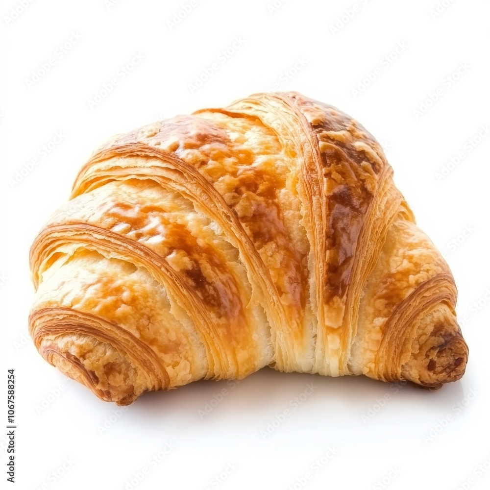 A freshly baked croissant, isolated on a white background, showcasing its golden and flaky layers A freshly baked croissant, isolated on a white background, showcasing its golden and flaky layers