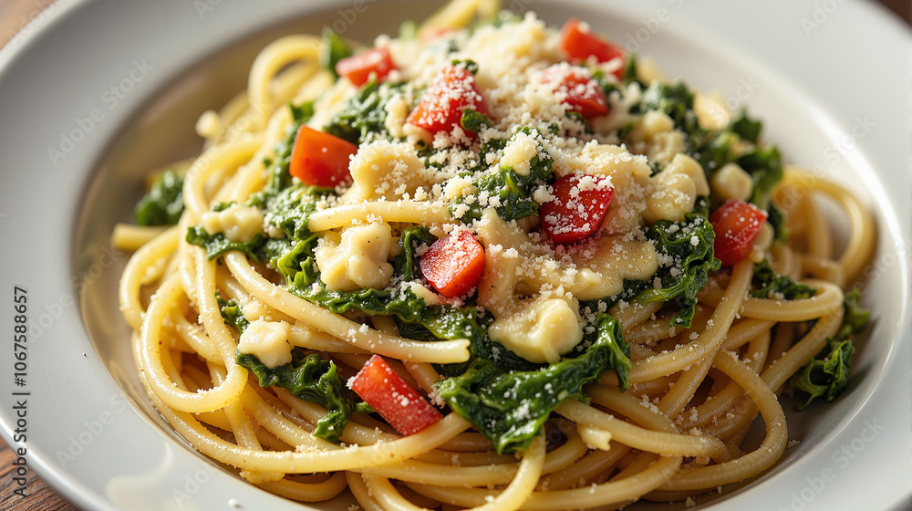 Spinach ricotta pasta with tomatoes on white plate Spinach ricotta pasta with tomatoes on white plate