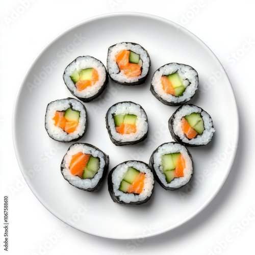 A plate of fresh sushi rolls with cucumber and salmon, isolated on a white background, emphasizing a colorful dish