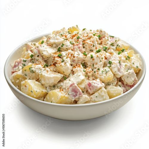 A bowl of classic potato salad with creamy dressing, isolated on a white background, showcasing a picnic staple