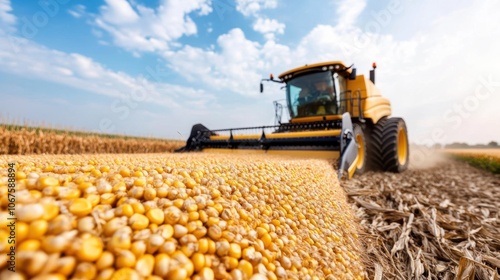 A massive pile of corn harvested by modern machinery stands in foreground, showcasing agricultural efficiency and the intersection of tradition with new technology. photo